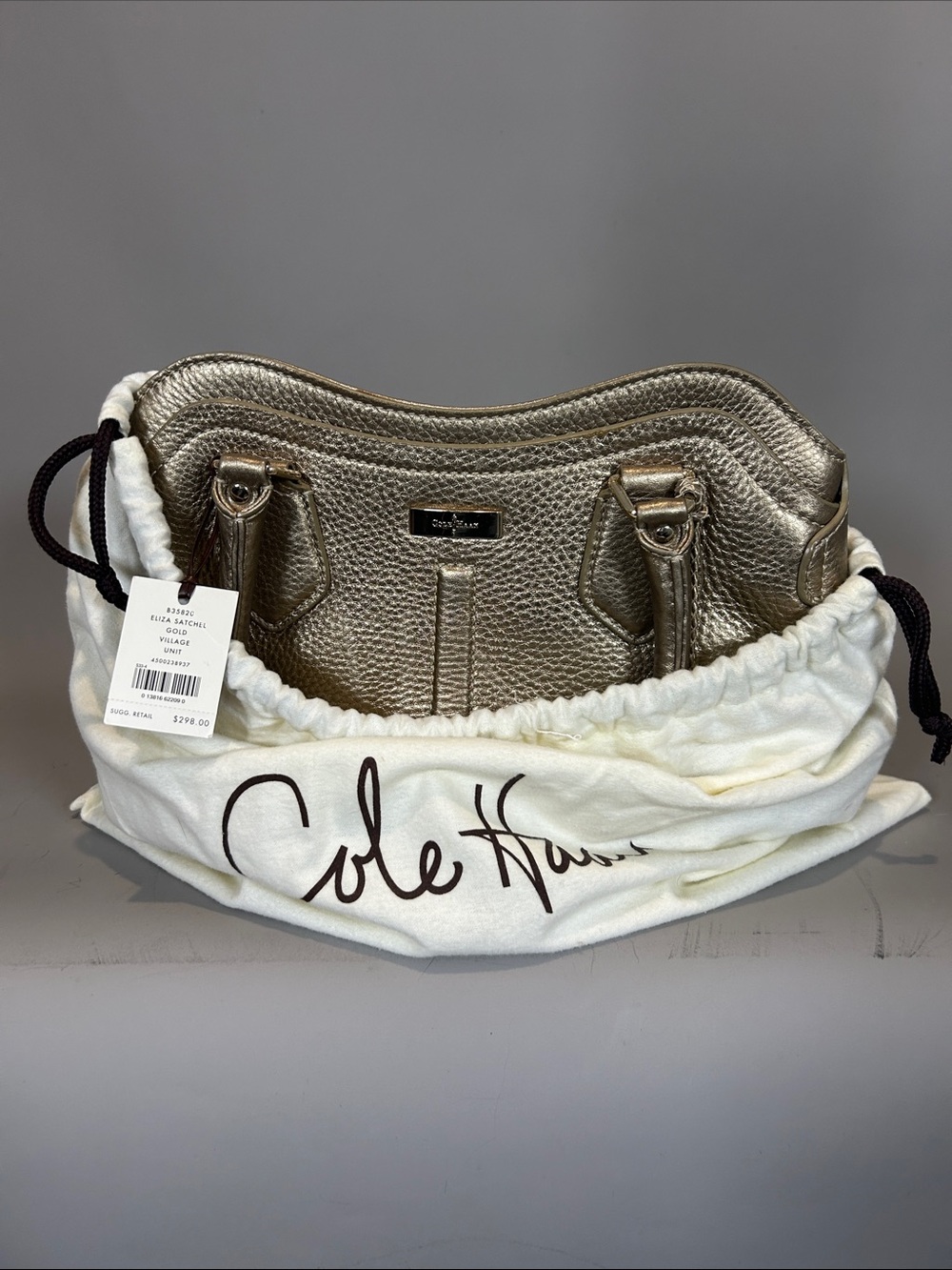 (10+) Luxury Cole Haan Eliza Satchel Gold Village Unit Dust Jacket Bag Posh NWT